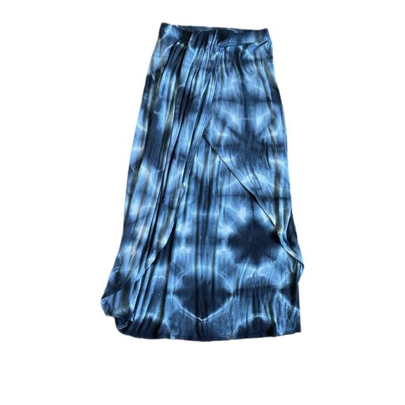 Go Couture Women’s Cut Blue Tie Dye Faux Wrap Midi A-Line Ribbed Skirt Size L - Picture 3 of 5